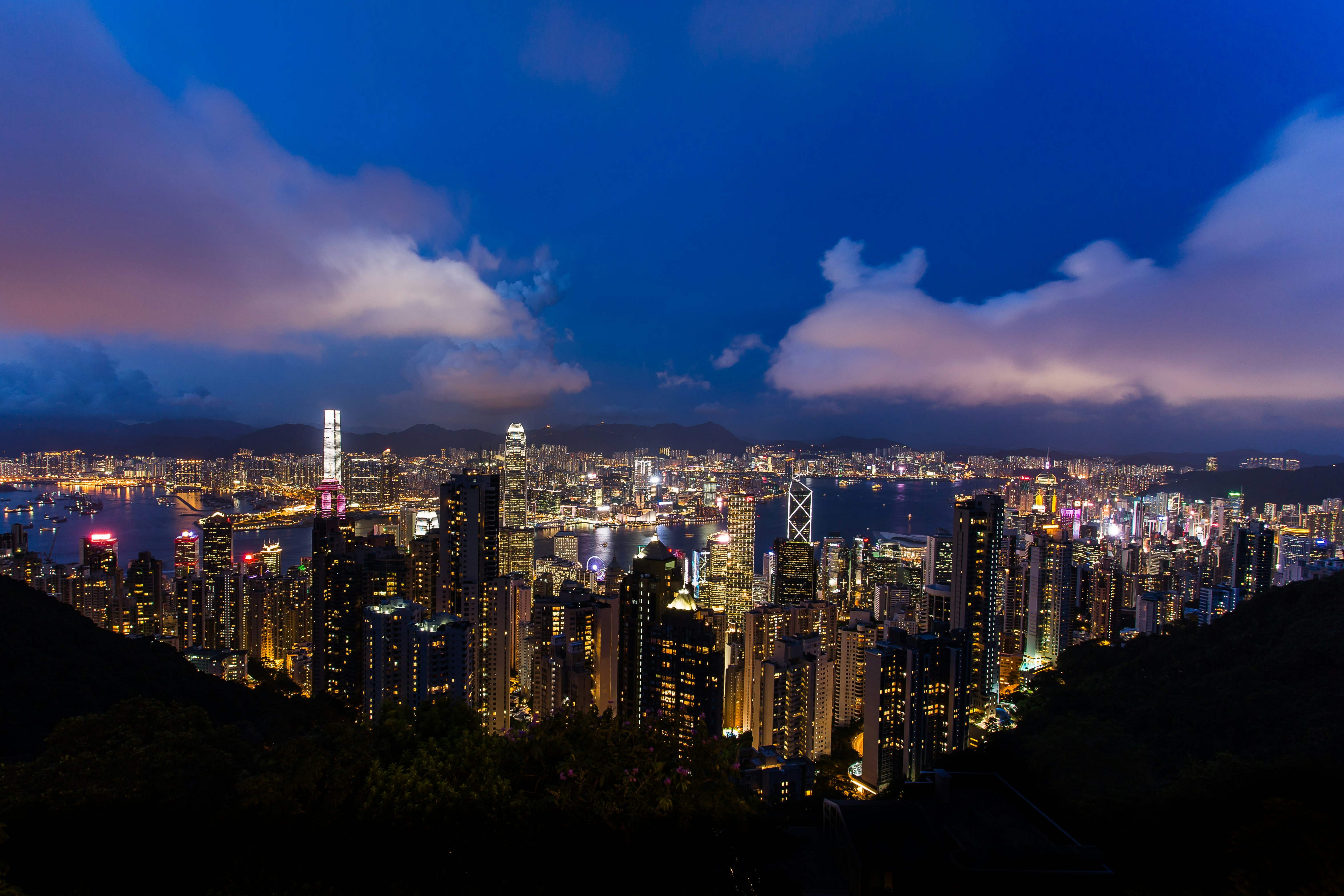 aerial photo of a lighted city